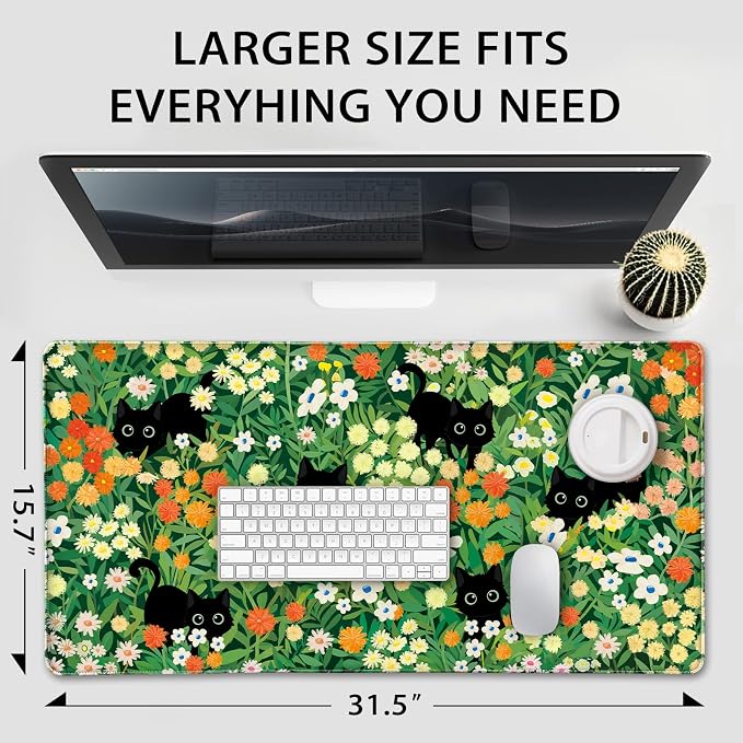 Cute Flower Cat Large Gaming Mouse Pad 31.5"x15.7", Flower XXL Desk Mat - Image 4