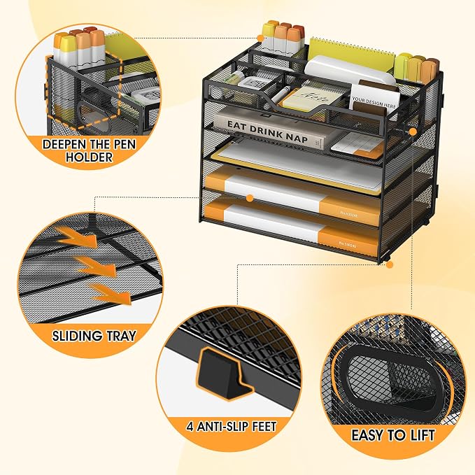 5 Tier Paper Letter Tray with 3 Drop-in Pen Holders, Mesh Desk File Organizer - Image 4