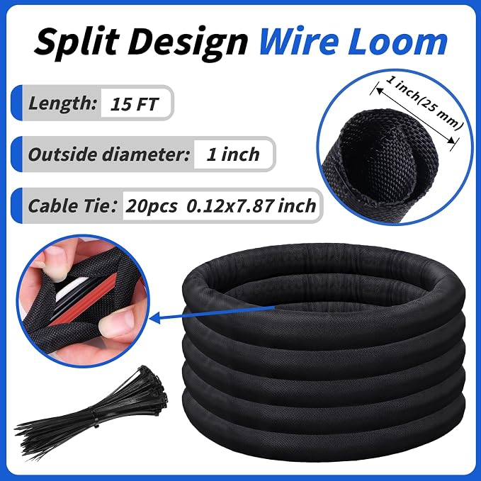 15FT Split Braided Sleeve Cable Management, 1 Inch Wire Loom Tubing Cord - Image 2