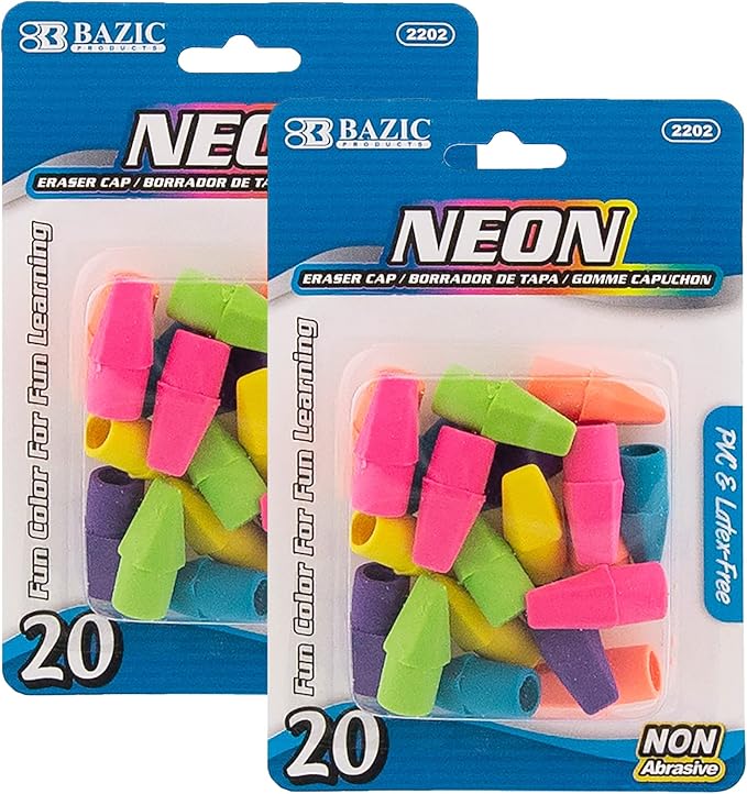 BAZIC Products Pencil-Top Eraser Caps, neon pencil-top eraser caps, non-abrasive by BAZICProducts