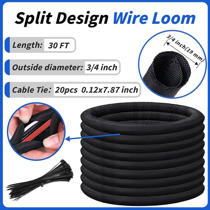 30FT Split Braided Sleeve Cable Management, 3/4 Inch Wire Loom Tubing Cord - Image 4