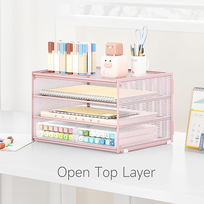 Lavatino 3-Tier Letter Tray Desk Paper Organizer – Pink Mesh Metal File Tray - Image 6