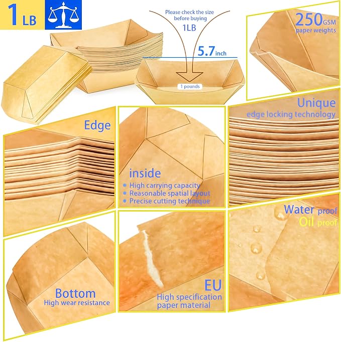 250 Pack 1Lb Paper Food Boat Trays Disposable Paper Boat Plates Containers - Image 3