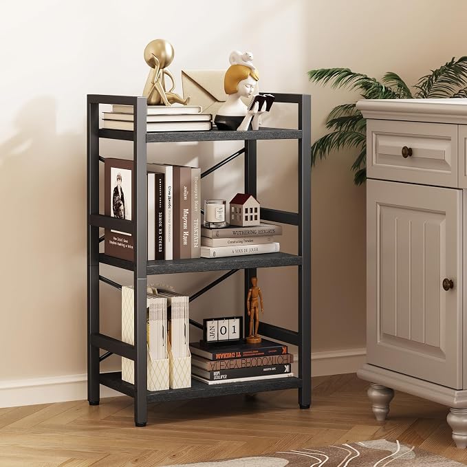 Homeiju Bookshelf, 3 Tier Industrial Bookcase, Metal Small Bookcase, Rustic - Image 2