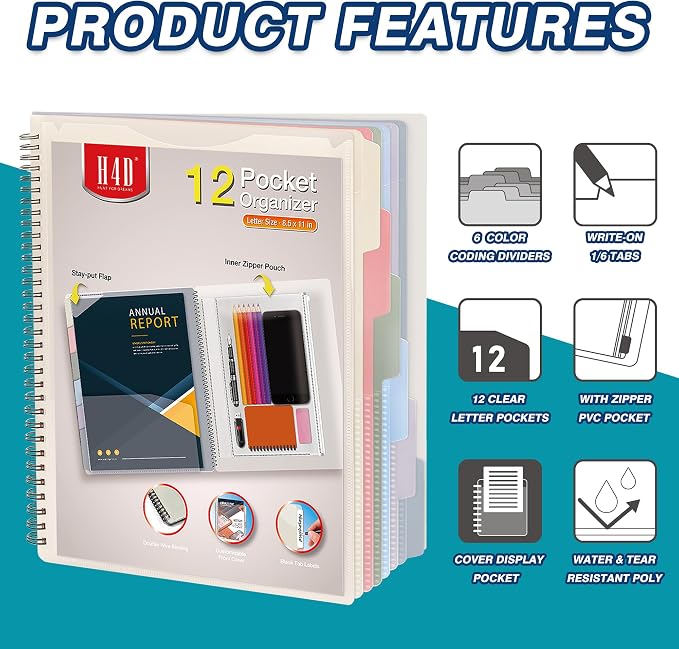 H4D 12 Pocket Morandi Color Spiral Multi Pocket Folder Poly Project Organizer - Image 3