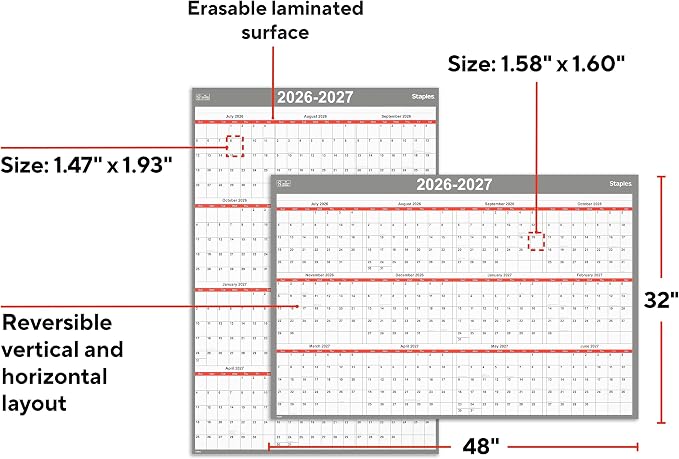 2026-2027 Staples 32" x 48" Academic Yearly Dry Erase Wall Calendar, Reversible - Image 4
