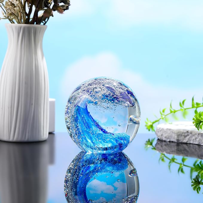 Qianwei Ocean Waves Hand Blown Glass Decor Crystal Ball Sea Figurines Gifts | - Image 2