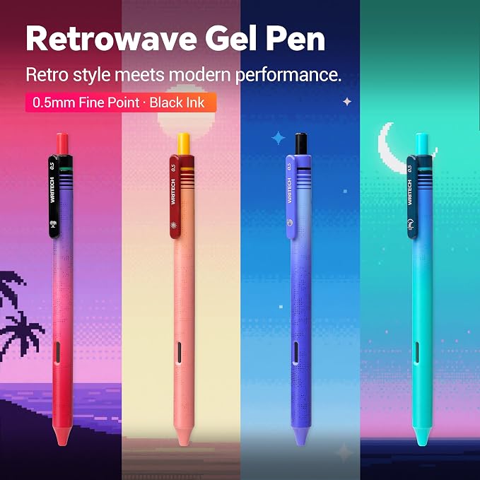 WRITECH Black Ink Gel Pens: 8-Pack Retrowave 0.5mm Fine Point Pens - Image 3