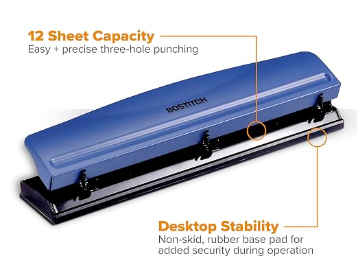 Bostitch Office Premium 3 Hole Punch, 12 Sheet Capacity, Rubber Base, - Image 2