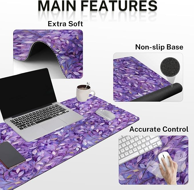 Britimes Purple Oil Painting Leaves Keyboard Mouse Pad Set Plant 4in1 Large - Image 5