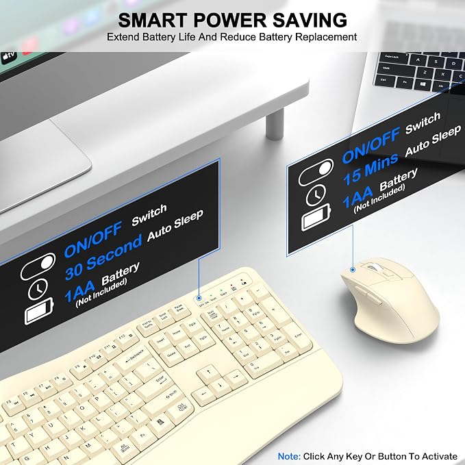Wireless Keyboard and Mouse Combo, Ergonomic Wave Keys | 2.4G Full Size Wave - Image 6