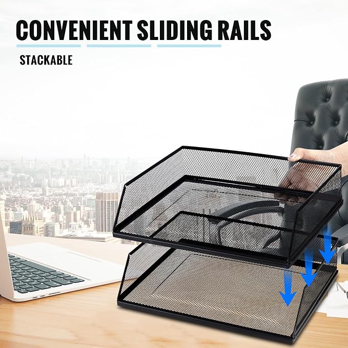 Hicarer 2 Pcs Black Metal Letter Tray Stackable Desk Tray Single Wire Mesh - Image 5