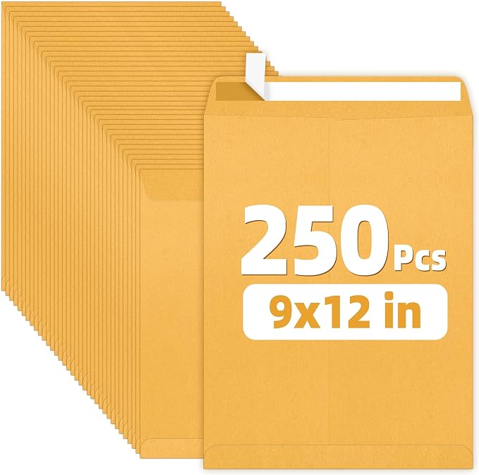 SUNEE 9 x12 Manilla Envelopes, 28lb Brown Kraft, Ultra Strong Quick-Seal by SUNEE