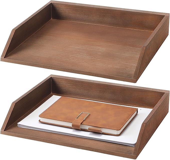 Beeveer 2 Pcs Dark Wood Letter Tray Wooden Desk Paper Organizer 2 Tier by Beeveer