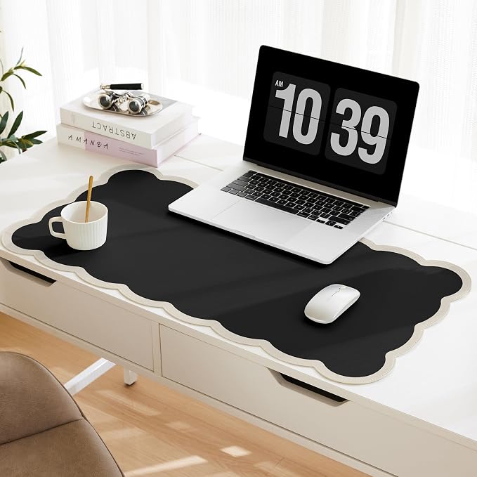 Scalloped Desk Mat, 31.5" x 15.7" Black Beige Large Cute Aesthetic Desk by Ohocut