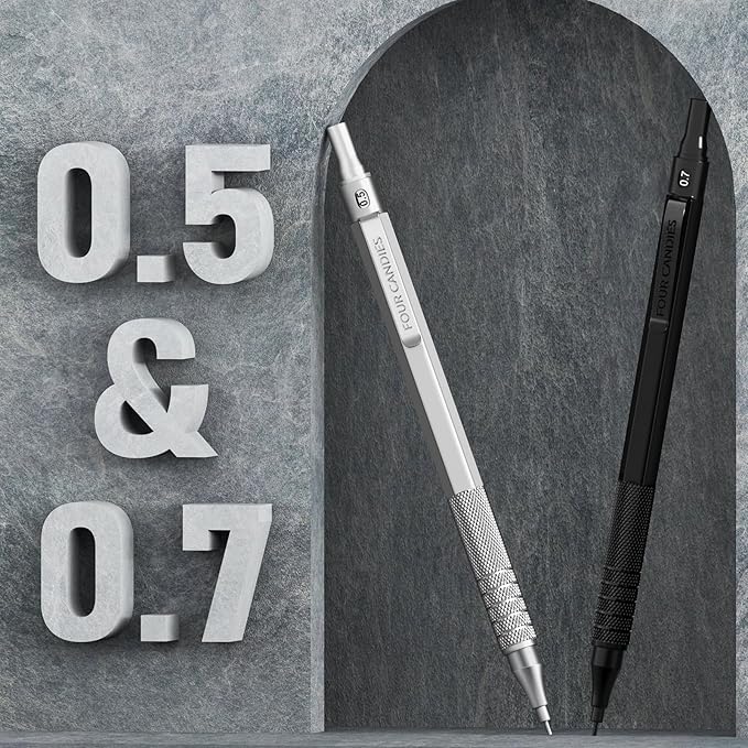 Four Candies 2PCS 0.5mm & 0.7 mm Metal Mechanical Pencils Set, 12 Erasers - Image 7