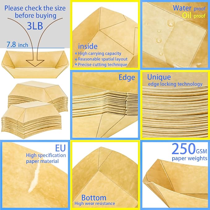 150 Pack 3LB Paper Food Boat Trays Disposable Paper Boat Containers, Heavy Duty - Image 3