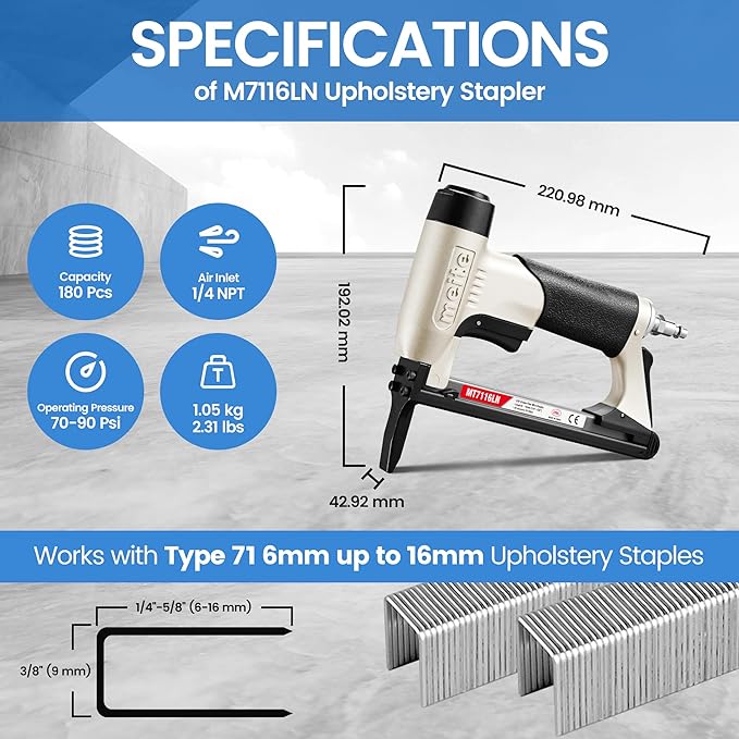 meite MT7116LN Pneumatic Upholstery Stapler 22 Gauge 71 Series 3/8" Crown 1/4" - Image 2