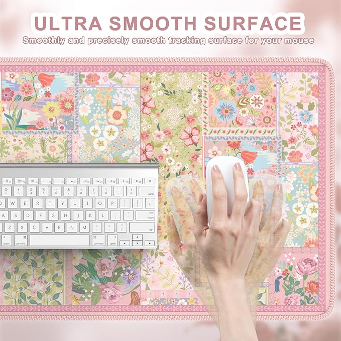 iCasso Pink Desk Mat for Keyboard and Mouse, Large Mouse Pad, Floral Desk Pad - Image 3