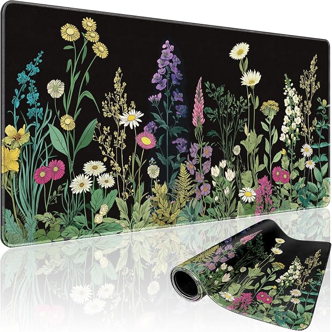 Wildflower Black Large Gaming Mouse Pad 31.5"x15.7"｜ XXL Desk Mat, Non-Slip by Mcapirivo