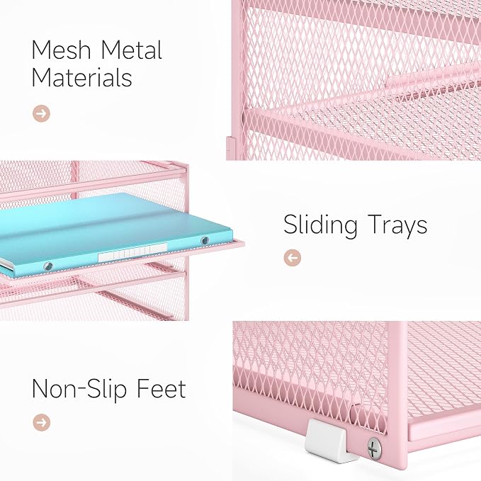 Lavatino 3-Tier Letter Tray Desk Paper Organizer – Pink Mesh Metal File Tray - Image 3