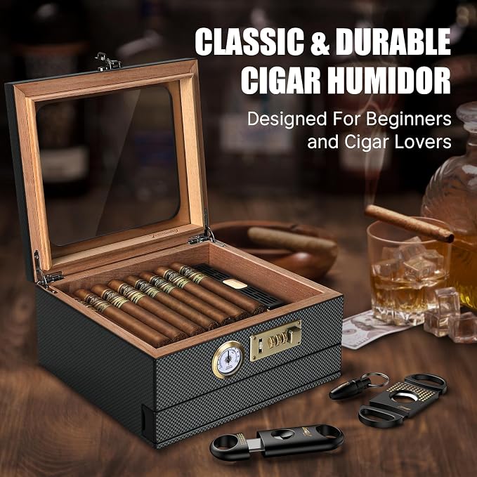 Tesonway Cigar Humidor, Cedar Wood Humidor Cigar Box, Glass Top Desktop Humidor - Image 7