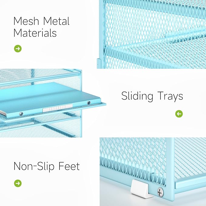 Lavatino 3-Tier Letter Tray Desk Paper Organizer – Blue Mesh Metal File Tray - Image 3