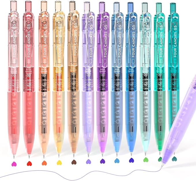 Four Candies 12 Pack 0.5mm Cute Quick-Dry Retractable Colored Gel Pens | 12 Ink by FourCandies