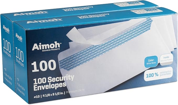 Aimoh #10 Security Self Seal Envelopes – 200 Qty |No Window, 4⅛ x 9½", 24 LB by Aimoh