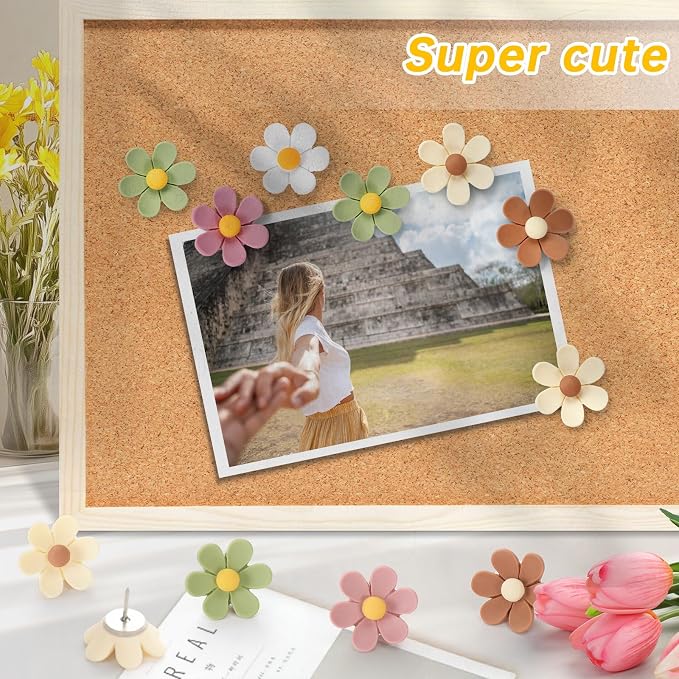50Pcs Flower Push Pins, 5 Colors Cute Cork Board Pins, Decorative Thumb Tacks - Image 3