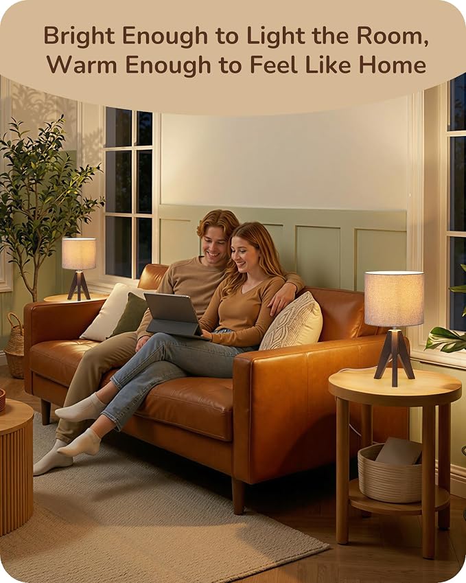EDISHINE Boho Small Table Lamp, Walnut Color Wooden Tripod Bedside Lamp - Image 7