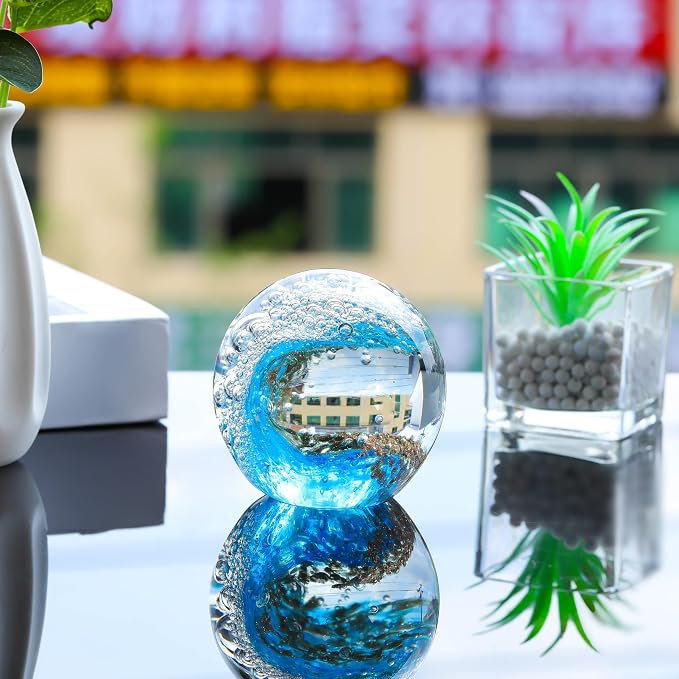 Qianwei Ocean Waves Hand Blown Glass Decor Crystal Ball Sea Figurines Gifts | - Image 2