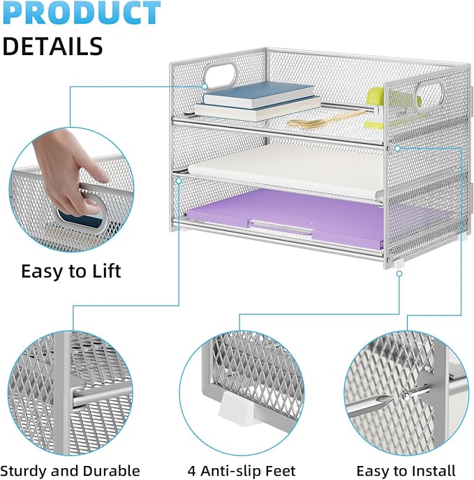 Marbrasse 3 Tier Paper Organizer Letter Tray, Mesh File Organizer - Image 3