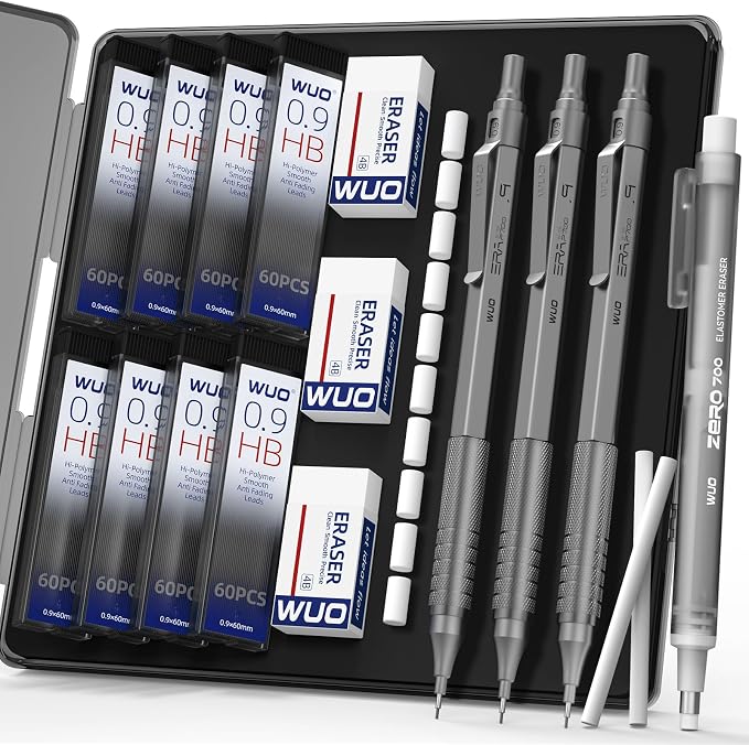 WUO 0.9mm Mechanical Pencil Set, 3 Grey Metal Drafting Pencils by WUO