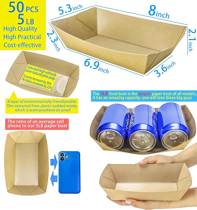 50 Pack Extra Large 5LB Paper Food Boats Trays Disposable Paper Boat, Heavy - Image 2