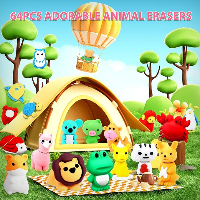 URSKYTOUS 64Pcs Animal Erasers Bulk Cute Desk Pets Kids Puzzle Erasers Take - Image 2