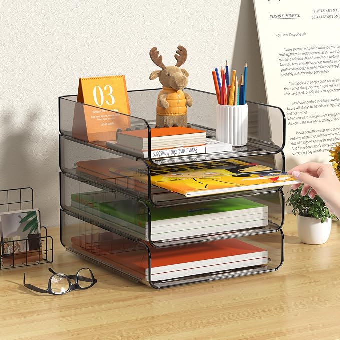 FANXIYQ 4-Tier Acrylic Paper Tray Organizer, Smoked Brown Stackable Desk File - Image 2