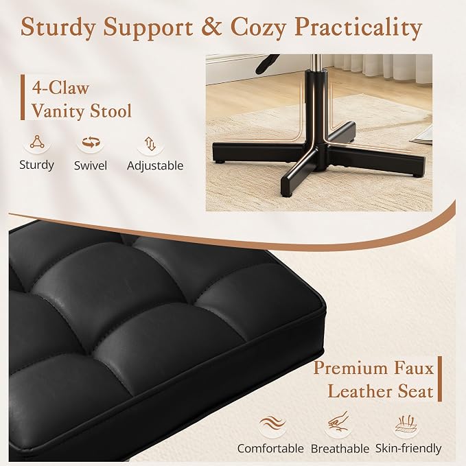 LUE BONA Adjustable Vanity Stool, Foot Rest Under Desk, 360° Swivel Vanity Chair - Image 4