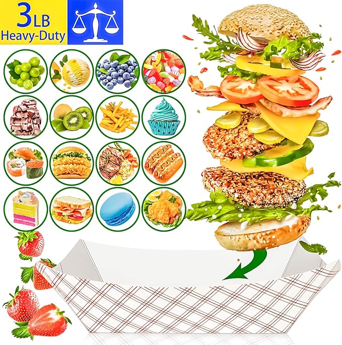 100 Pack Checkered 3Lb Paper Food Boat Trays Disposable Paper Boats, Colored - Image 7