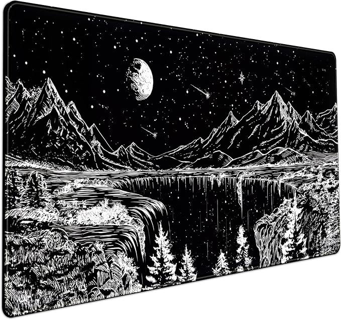 Black and White Desk Mat Dark Nature Forest Mouse pad XXL Starry Night Mountain by Mechanical+Cattle