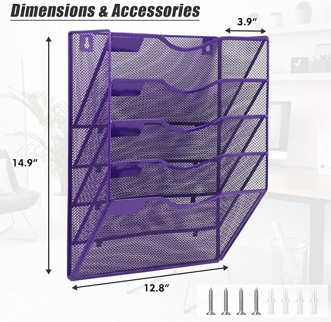 EASEPRES 5 Pocket Mesh Hanging Wall File Organizer, Wall Mounted Mail Paper - Image 2