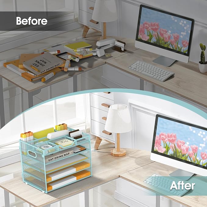 5 Tier Paper Letter Tray with 3 Drop-in Pen Holders, Mesh Desk File Organizer - Image 5