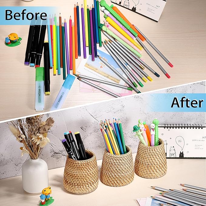 BTSKY 3 Pack Rattan Pen Cup, Handmade Desk Pencil Holders Makeup Brush Holder - Image 5