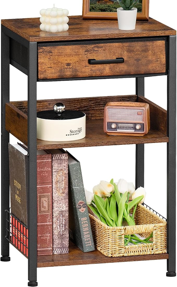 Lerliuo End Table with Fabric Drawer, 3 Tier Industrial Wood Side Table with by Lerliuo