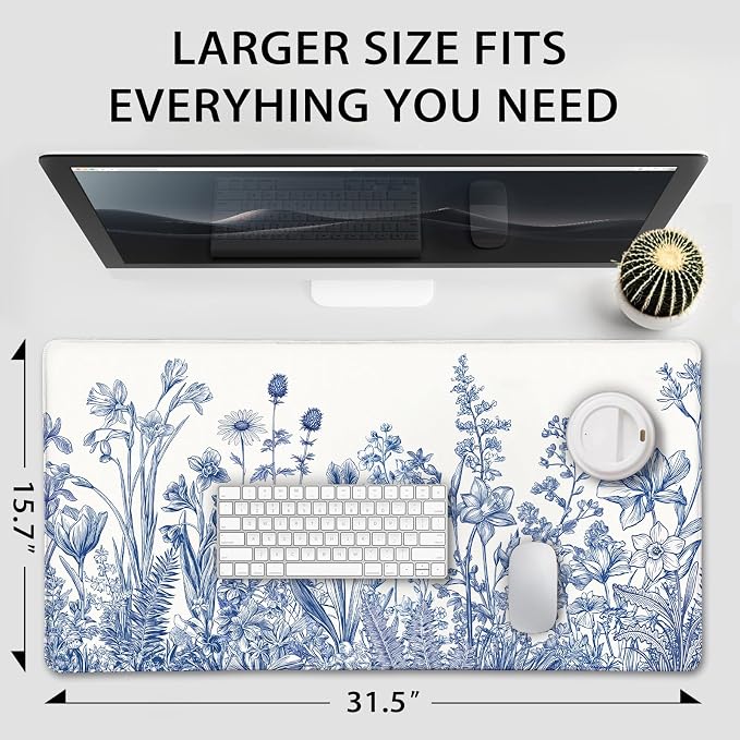 Narcissus Blue Floral Large Gaming Mouse Pad 31.5"x15.7"｜ Flower XXL Desk Mat - Image 4