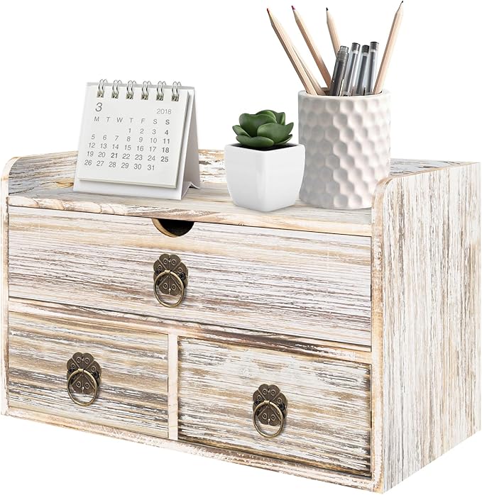 Wood Desk Organizer with Drawer, Vintage Brown Wooden Desktop Organizer by SEEKELEGANT