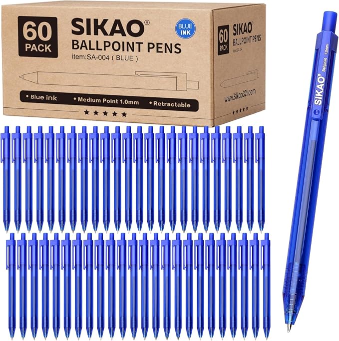 Blue Pens Bulk, 60 Pack Retractable Ballpoint Pens Blue Ink | 1.0mm Smooth by Sikao