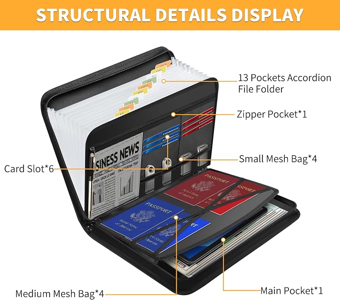 JUNDUN Fireproof Accordion File Organizer | 13 Pockets Accordion Folder - Image 3