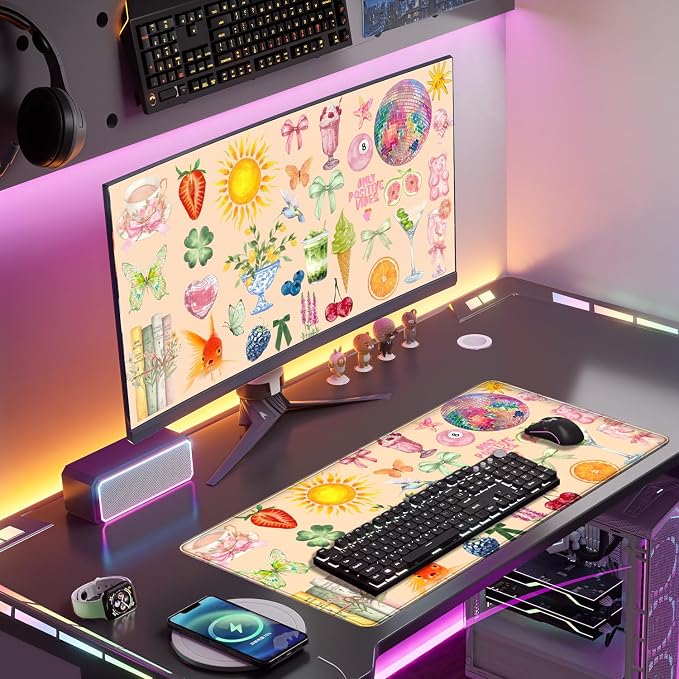 Cute Pink Boho Pastel Desk Mat Colorful Desk Mat - Image 3