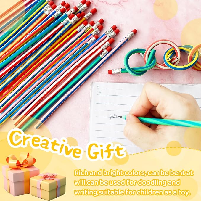 100 Pack Flexible Bendy Pencil, Stripe Rubber Pencil - Image 4